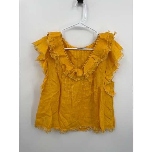 Faherty Tops - Faherty Yosepha Ruffle Linen Blouse Womens S marigold Yellow Fringe V-Neck
